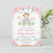 水彩ピンクの花モンキーベビーシャワー 招待状 (スタンド正面)