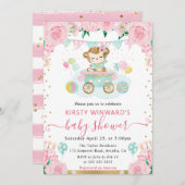 水彩ピンクの花モンキーベビーシャワー 招待状 (正面/裏面)