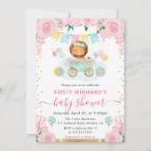 水彩ピンクの花ライオン赤ちゃんシャワー 招待状 (正面)