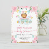 水彩ピンクの花ライオン赤ちゃんシャワー 招待状 (スタンド正面)