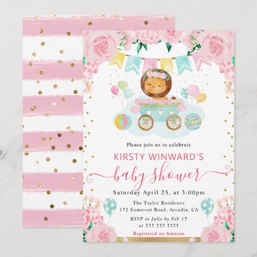 水彩ピンクの花ライオン赤ちゃんシャワー 招待状 (正面/裏面)