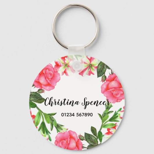 水彩ピンクの花リース円 キーホルダー (正面)