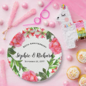 水彩ピンクの花リース円 ペーパープレート (パーティー)