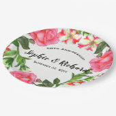 水彩ピンクの花リース円 ペーパープレート (アングル)