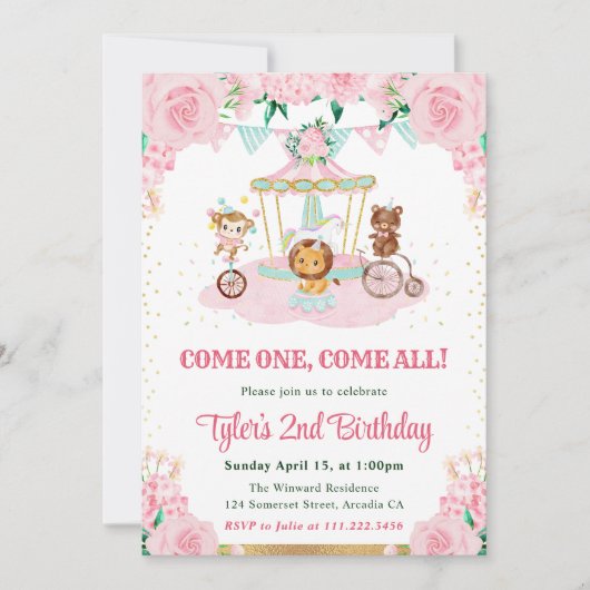 水彩ピンクの花動物の誕生日パーティー 招待状 (正面)