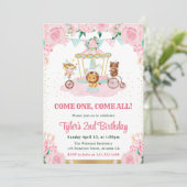 水彩ピンクの花動物の誕生日パーティー 招待状 (スタンド正面)