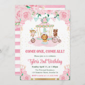 水彩ピンクの花動物の誕生日パーティー 招待状 (正面/裏面)