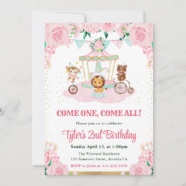 水彩ピンクの花動物の誕生日パーティー 招待状