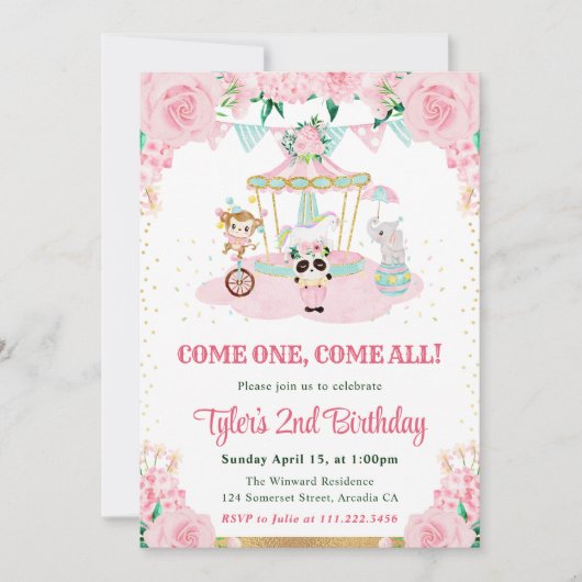 水彩ピンクの花動物の誕生日パーティー 招待状 (正面)