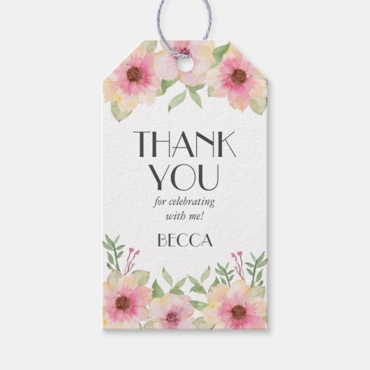 水彩ピンクの花咲きありがとうギフトラベル ギフトタグ (正面)