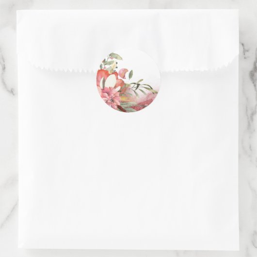 水彩ピンクの花四角ステッカー ラウンドシール (バッグ)