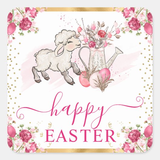 水彩ピンクの花春ラムイースター スクエアシール (正面)