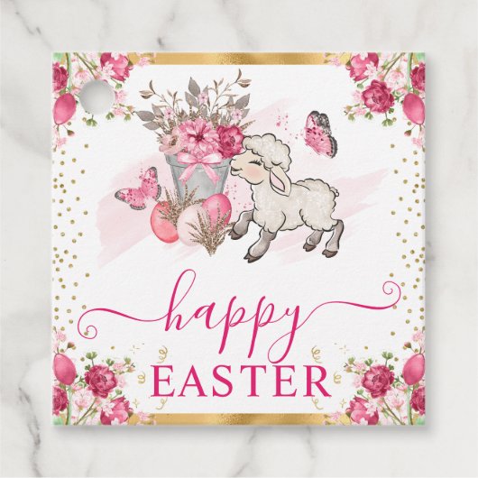 水彩ピンクの花春ラムイースター フェイバータグ (正面)