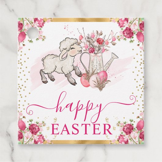 水彩ピンクの花春ラムイースター フェイバータグ (正面)