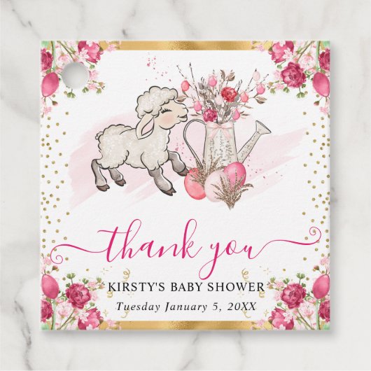 水彩ピンクの花春ラムベビーシャワー フェイバータグ (正面)