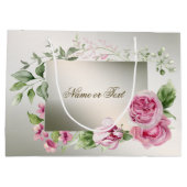 水彩ピンクの花模様フレーム シャイニーブロンズ エレガント ラージペーパーバッグ (裏面)