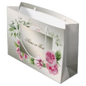 水彩ピンクの花模様フレーム シャイニーブロンズ エレガント ラージペーパーバッグ (裏面アングル)
