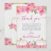 水彩ピンクの花秋かぼちゃ赤ちゃんシャワー サンキューカード (正面/裏面)