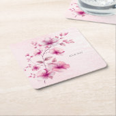 水彩ピンクの花紙コースター スクエアペーパーコースター (アングル)