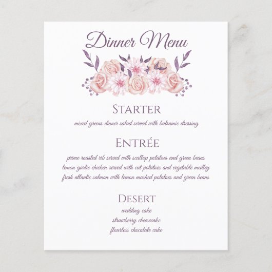 水彩ピンクの花結婚のメニュー (正面)