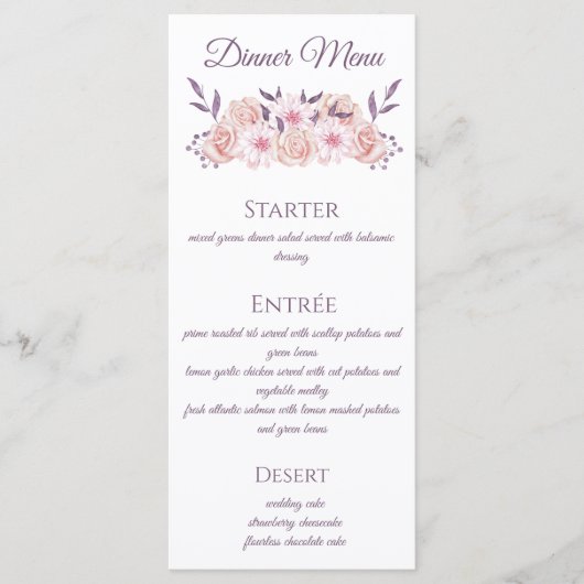 水彩ピンクの花結婚のメニュー –  メニュー (正面)