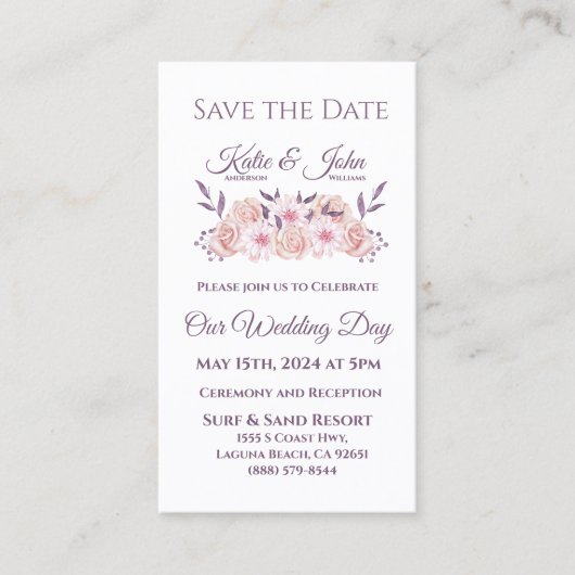 水彩ピンクの花結婚 – 日付を保存 名刺 (正面)