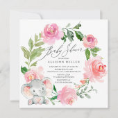 水彩ピンクの花象の赤ちゃんシャワー 招待状 (正面)