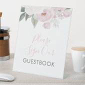 水彩ピンクの花赤ちゃんシャワーのゲストブックサイン 台座サイン (インサイチュ)