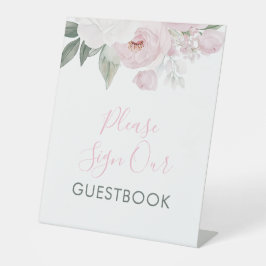 水彩ピンクの花赤ちゃんシャワーのゲストブックサイン 台座サイン