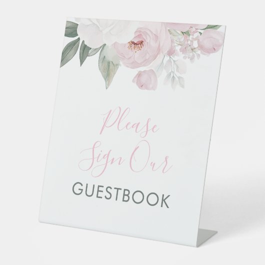水彩ピンクの花赤ちゃんシャワーのゲストブックサイン 台座サイン (正面)