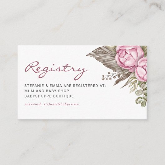 水彩ピンクの花赤ちゃんシャワー登録 エンクロージャーカード (正面)