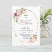 水彩ピンクの花金ゴールドクロスガールバプテスマ 招待状 (スタンド正面)