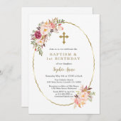 水彩ピンクの花金ゴールドクロスガールバプテスマ 招待状 (正面/裏面)