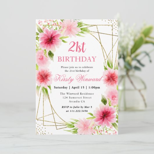 水彩ピンクの花金ゴールドフレーム21st誕生日 招待状 (スタンド正面)