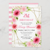 水彩ピンクの花金ゴールドフレーム21st誕生日 招待状 (正面/裏面)