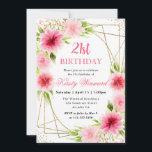 水彩ピンクの花金ゴールドフレーム21st誕生日 招待状<br><div class="desc">水の色エレガントピンクの夏の花のデザインと金ゴールドグリッター幾何学的フレーム</div>