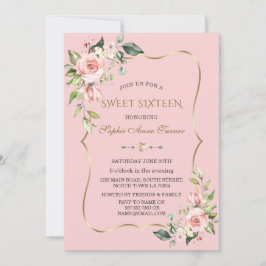 水彩ピンクの花金ゴールド枠Sweet sixteen 招待状