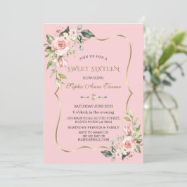 水彩ピンクの花金ゴールド枠Sweet sixteen 招待状