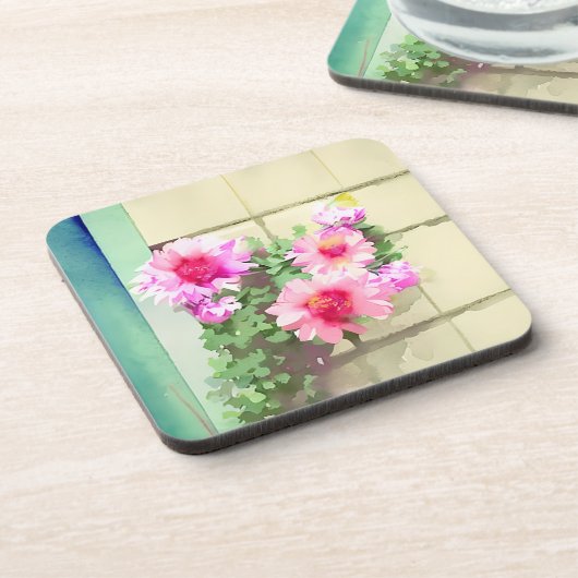 水彩ピンクの花 コースター (左側)