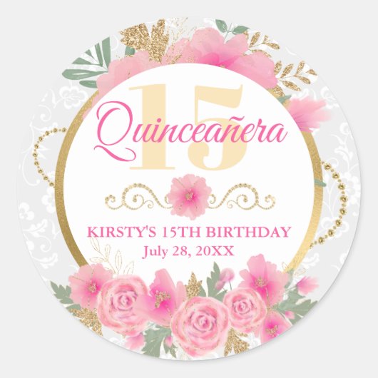 水彩ピンクの花&ゴールドフォイルキンセアニラ ラウンドシール (正面)