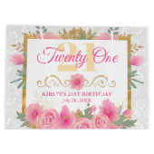 水彩ピンクの花&ゴールドフォイル誕生日 ラージペーパーバッグ (裏面)