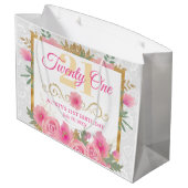 水彩ピンクの花&ゴールドフォイル誕生日 ラージペーパーバッグ (裏面アングル)