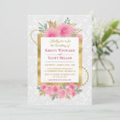 水彩ピンクの花 ゴールドホイル グリッター 結婚式 招待状 (スタンド正面)