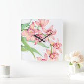水彩ピンクの花 スクエア壁時計 (ホーム)
