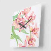 水彩ピンクの花 スクエア壁時計 (傾斜)