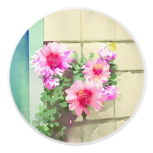 水彩ピンクの花 セラミックノブ (正面)