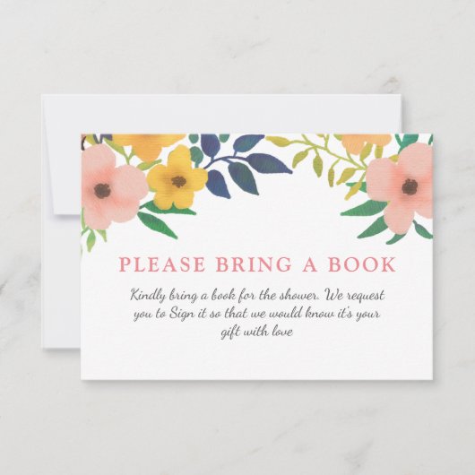 水彩ピンクの花 | ベビーシャワー 本を持ってこよう 招待状 (正面)