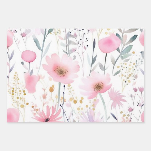 水彩ピンクの花 ラッピングペーパーシート (正面)