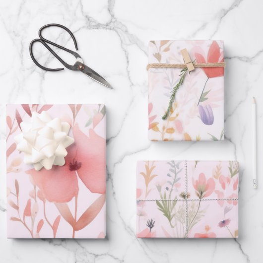 水彩ピンクの花 ラッピングペーパーシート (正面)