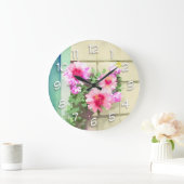 水彩ピンクの花 ラージ壁時計 (ホーム)